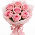 Seven pink roses bouquet with blush pink cloth wrapping and ribbon