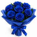 Seven royal blue roses bouquet with blue cloth wrapping and ribbon