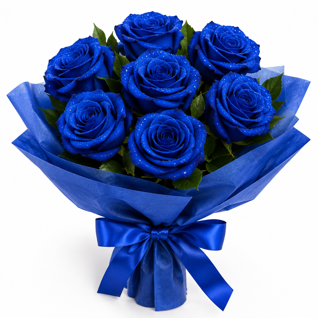Seven royal blue roses bouquet with blue cloth wrapping and ribbon