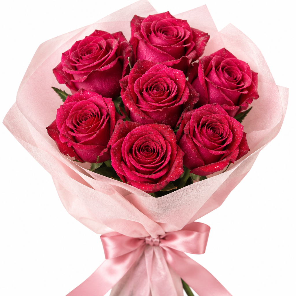 Seven dark pink roses bouquet with blush pink cloth wrapping and ribbon