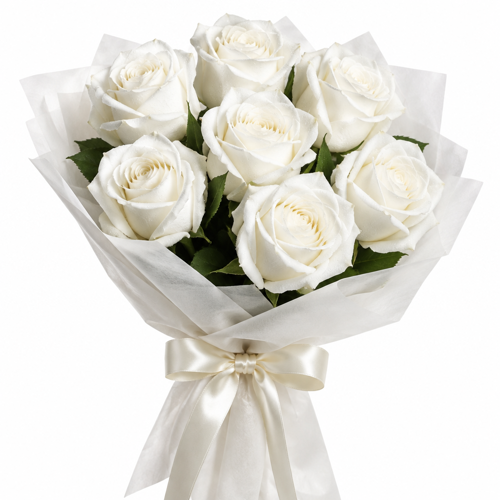 Seven white roses bouquet with ivory cloth wrapping and ribbon
