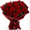 Nine red roses bouquet with red cloth and red satin ribbon