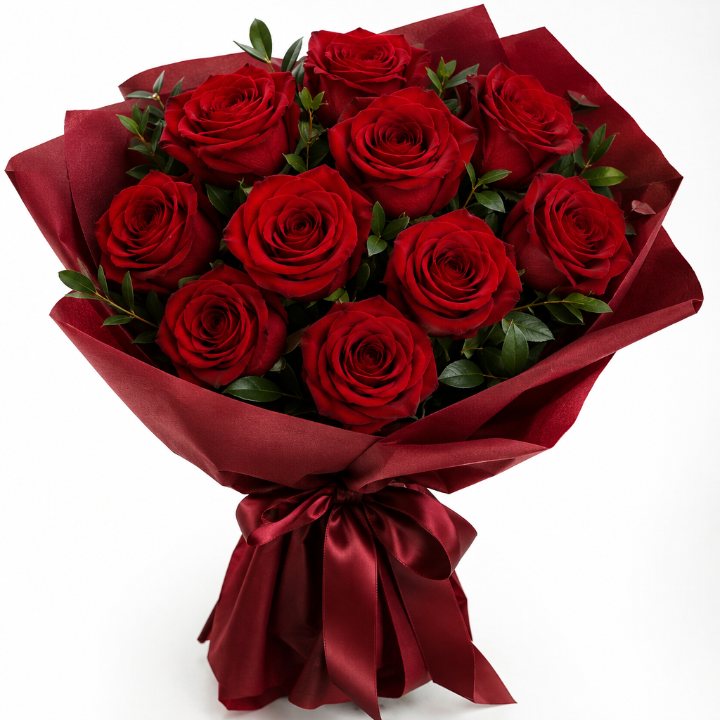 Nine red roses bouquet with red cloth and red satin ribbon
