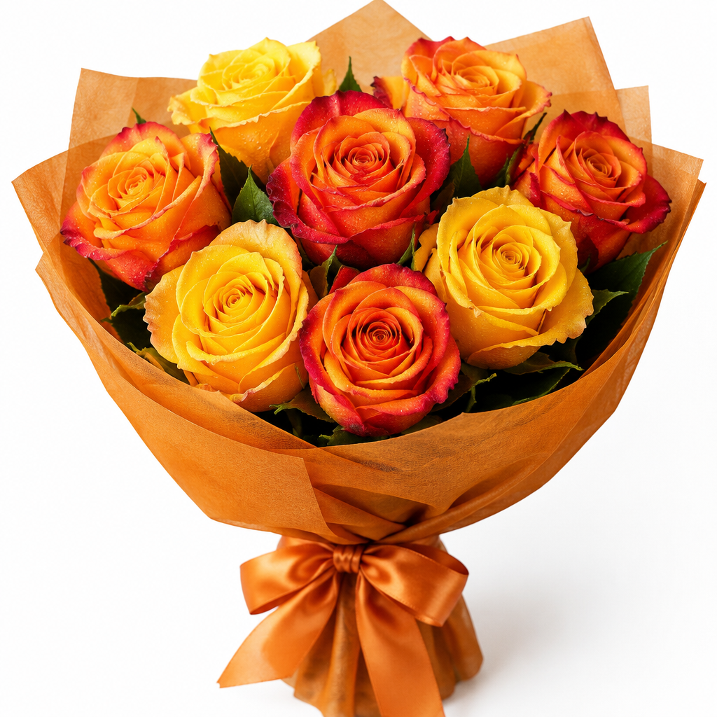 Nine sunset roses bouquet with amber orange cloth and orange satin ribbon