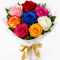 Nine mixed roses bouquet with white cloth and gold satin ribbon