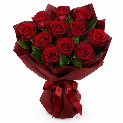 Eleven red roses bouquet with red cloth and red satin ribbon