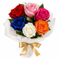 Seven mixed roses bouquet with white cloth wrapping and gold ribbon