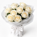 Nine ivory cream white roses bouquet with white cloth and white satin ribbon