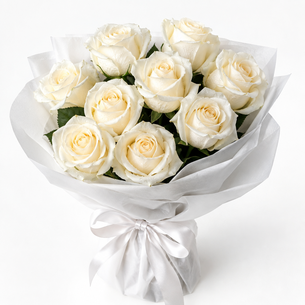 Nine ivory cream white roses bouquet with white cloth and white satin ribbon