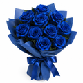 Nine royal blue roses bouquet with blue cloth and blue satin ribbon