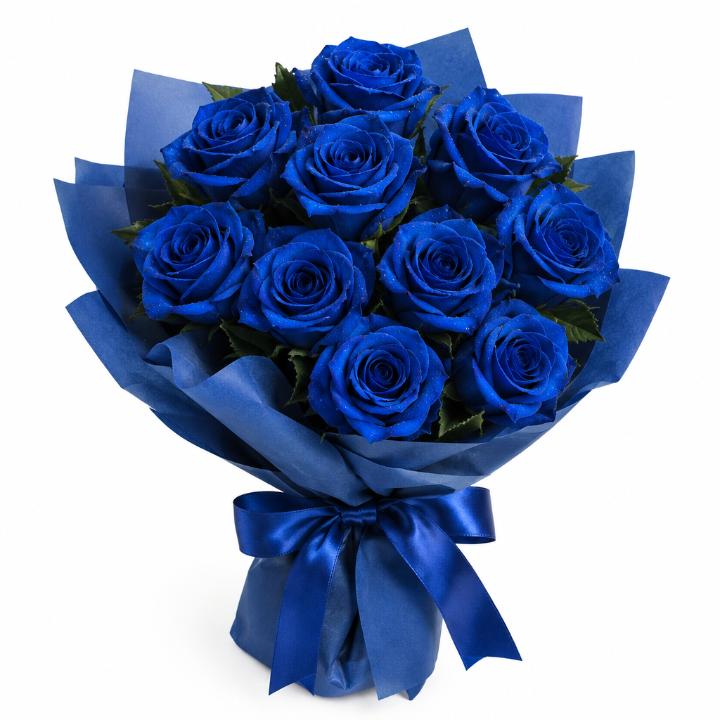 Nine royal blue roses bouquet with blue cloth and blue satin ribbon