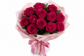 Eleven dark pink roses bouquet wrapped in light pink cloth with pink satin ribbon