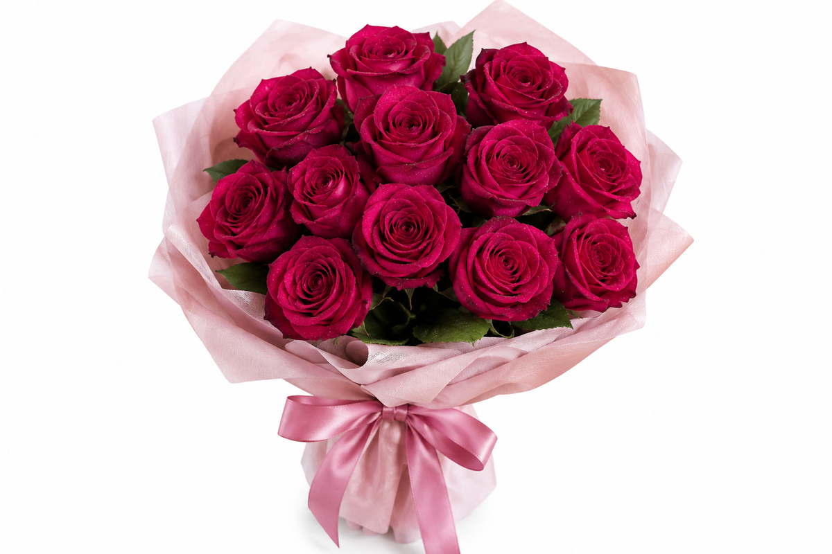 Eleven dark pink roses bouquet wrapped in light pink cloth with pink satin ribbon