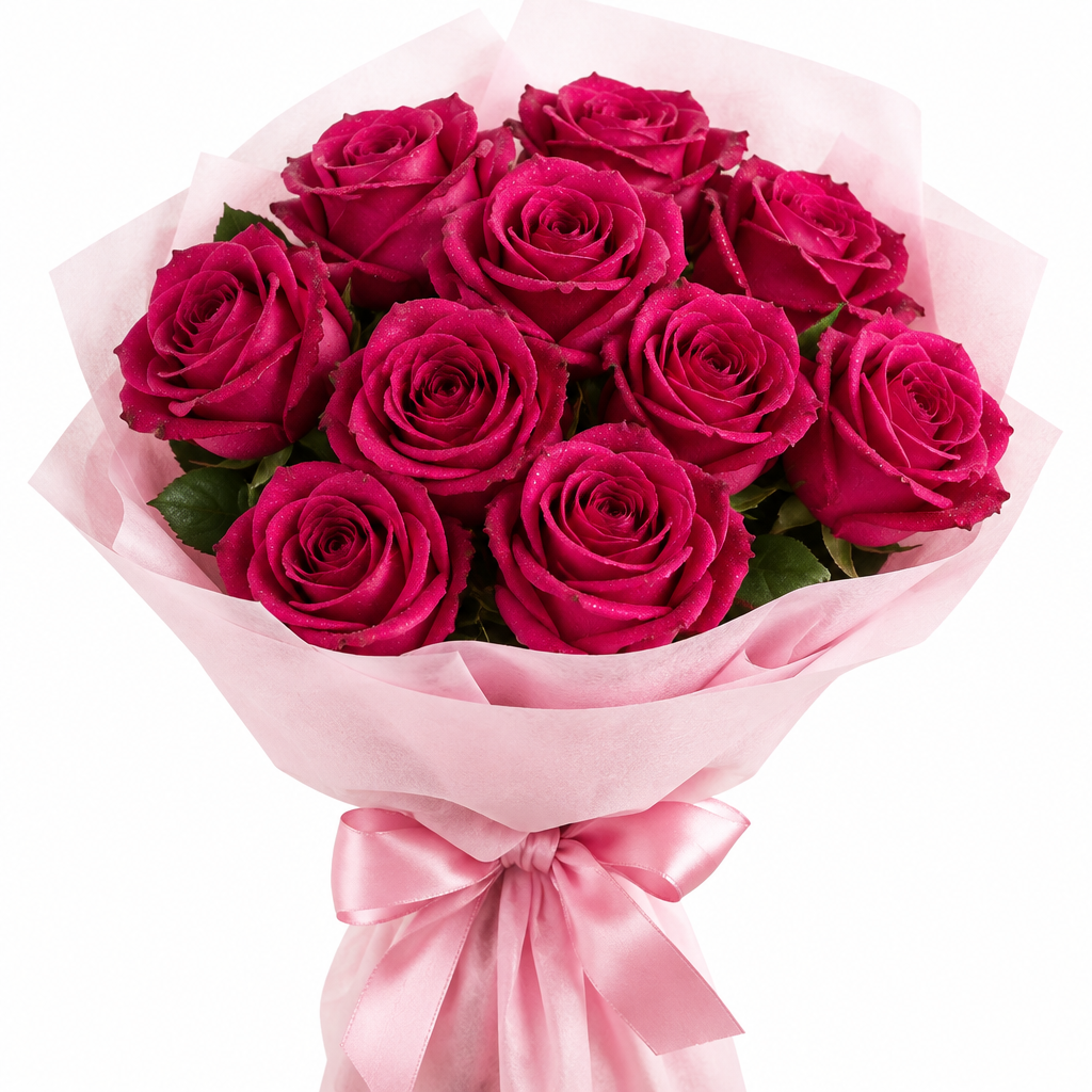 Nine dark pink roses bouquet with light pink cloth and pink satin ribbon