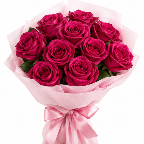 Nine dark pink roses bouquet with light pink cloth and pink satin ribbon