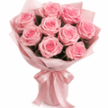 Nine pink roses bouquet with pink cloth and pink satin ribbon