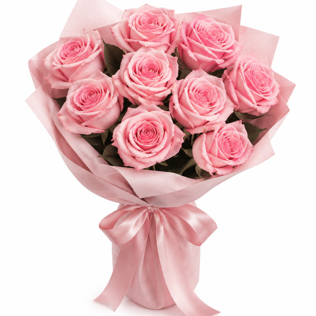 Nine pink roses bouquet with pink cloth and pink satin ribbon