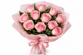 Eleven pink roses bouquet wrapped in soft pink cloth with pink satin ribbon