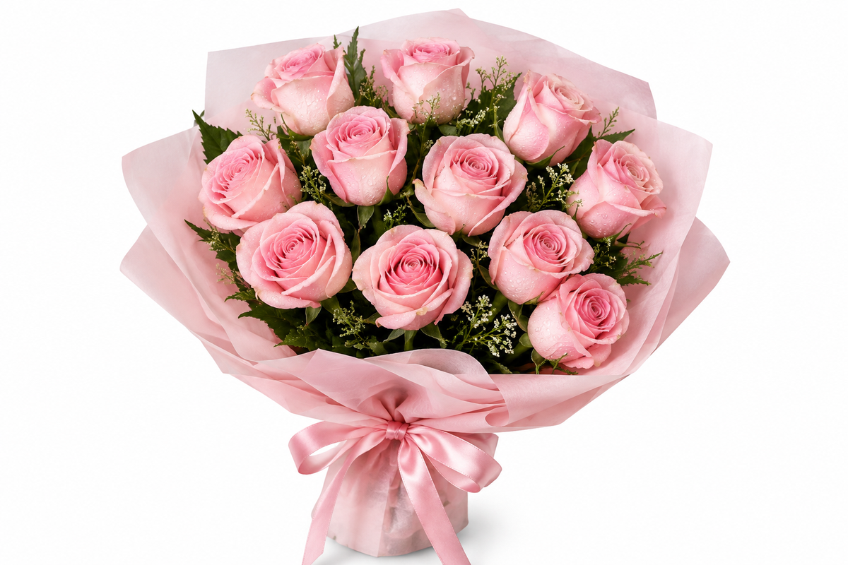 Eleven pink roses bouquet wrapped in soft pink cloth with pink satin ribbon