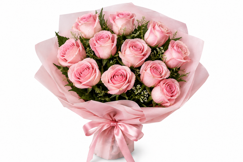 Eleven pink roses bouquet wrapped in soft pink cloth with pink satin ribbon